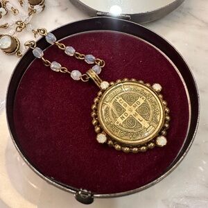 Virgins Saints & Angels Gold Medallion Necklace with Blue Accents